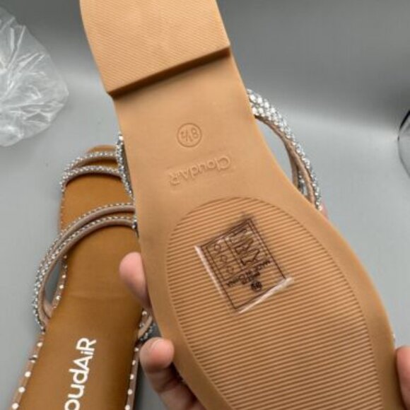 Cloudair Women 8.5 Studded Sandal Shoe Beige/Silver Open Toe Comfort Flat - Picture 6 of 9